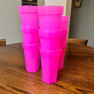 SUMMER | Set of 9 Hot Neon Pink Plastic Cups w/Hexagon Shape Bottom, Stackable